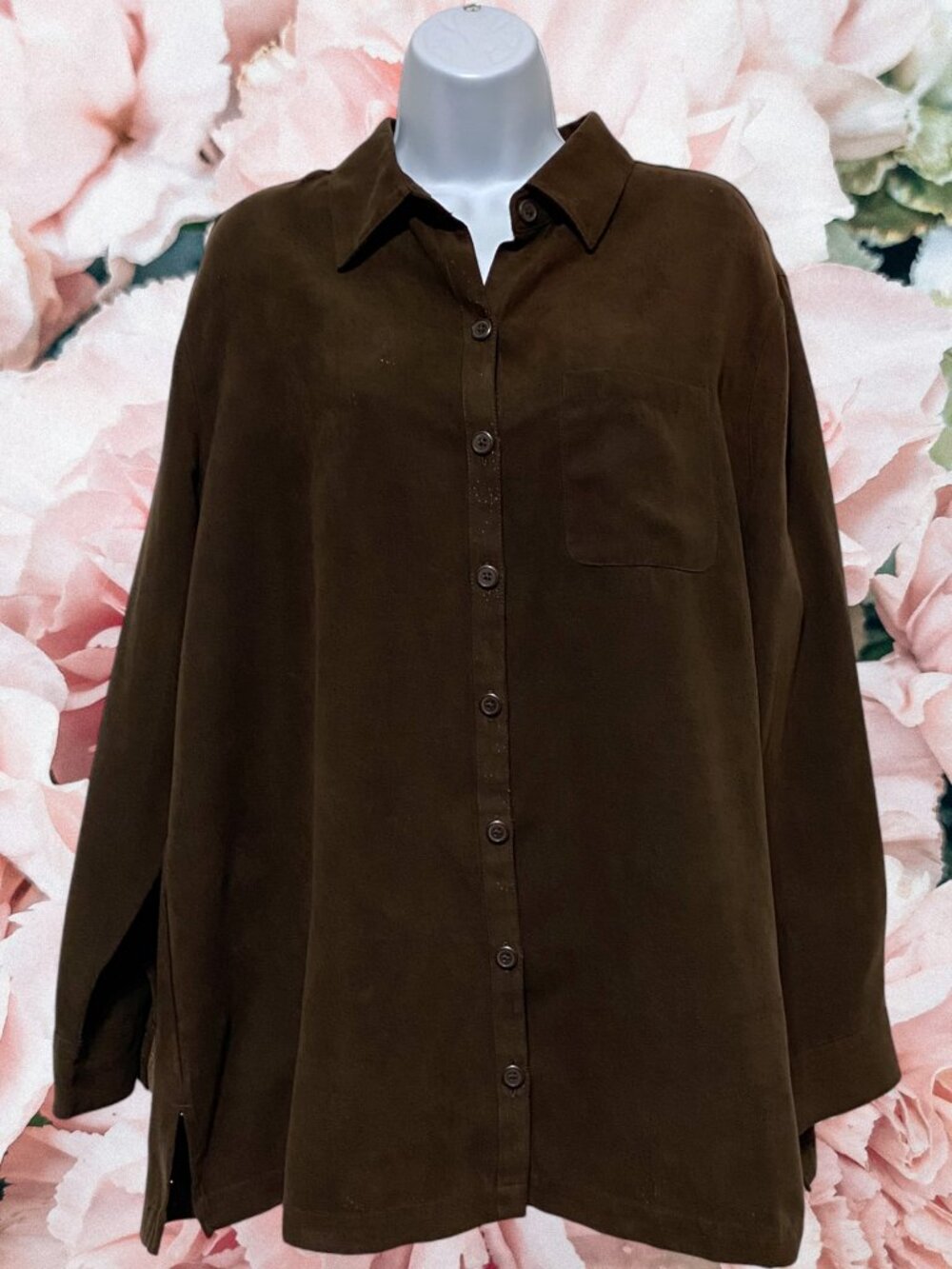 Croft & Barrow-Women's 1X Plus Size Button Down Brown Top Long Sleeve-Polyester